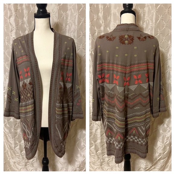 Johnny Was Bohemian Brown Embroidered Open Front Draped Cardigan - Picture 10 of 10